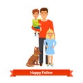 Father holding son, daughter standing, dog siting