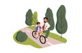 Father holding son's bike while teaching kid to ride bicycle. Boy learning to cycle with help of dad. Parent and child