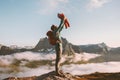 Father holding up baby in mountains happy family travel vacations with kid Royalty Free Stock Photo