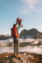 Father holding up child family travel vacations with infant baby hiking Royalty Free Stock Photo