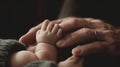 father holds baby hand close up shot generative AI