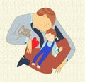 Father holds a child on his hands. against the background of puzzles, symbols of autism. illustration Royalty Free Stock Photo