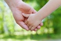 Father holds hand of the child against beautiful bokeh background in sunny day, happy family concept