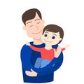 The father holds a little boy in his arms. The child and the parent are drawn in a cartoon childish style.