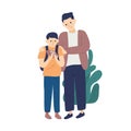 Father hug and support son having fail playing rugby football vector flat illustration. Parent taking care and feeling