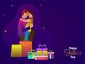 Father hugging his son, and many gift boxes on shiny purple back