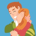 Father hugs daughter, holds a hand on her head cartoon vector illustration