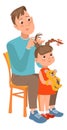 Father with kid. Dad helping little girl with morning routine. Man making hairdo for daughter. Hair braiding. Happy