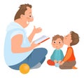 Father with kid. Dad reading for children. Family sitting on floor. Babies listening fairytale story. Man with sons Royalty Free Stock Photo