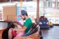 Father and kid having fun, theme park. Royalty Free Stock Photo