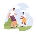 Father and kid playing soccer together. Dad and child with ball outdoors. Active biracial parent and daughter during Royalty Free Stock Photo