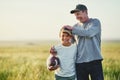 Father, kid portrait and rugby play in countryside field for bonding and fun in nature. Mockup, dad and young child Royalty Free Stock Photo