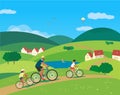 Father and kids biking on hills rural road poster