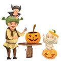 Father with kids carving Hallows pumpkin poster Royalty Free Stock Photo