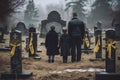 Father with kids at cemetery, mother died. Generative AI Royalty Free Stock Photo