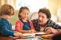 Father, kids and colour pencils for parenthood, fun learning and bonding on holiday or weekend. Dad, children and