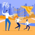 Father and Kids Flying Kite in City Park Poster