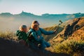 Father with kids making selfie in mountains, family travel in nature Royalty Free Stock Photo