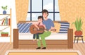 Father kids time. Happy dad teaches cute little daughter play music on guitar, parent and child in room interior on sofa