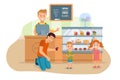 Father and Kids Visiting Bakery Shop Illustration