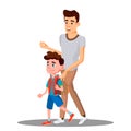 Father Leads To School Child Boy In New School Year Vector. Isolated Illustration Royalty Free Stock Photo