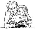 Father learning daughter to read, holding book together