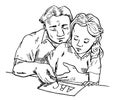 Father learning daughter to write A B C, holding pen in hands together