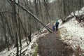 Father and little child boy take a hike on winter snowy forest mountains. Family trekking or hiking. Dad and son travelling on Royalty Free Stock Photo