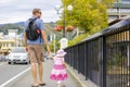 Father and little daughter walking in Nelson city of New Zealand