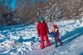 Father with little daughter in winter forest Royalty Free Stock Photo