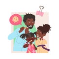 Father and Little Daughters Brushing Teeth in the Motning Having Daily Routine Together Vector Illustration
