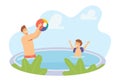 Father and Little Son Playing in Swimming Pool Splashing and Throwing Beach Ball. Happy Family Characters on Vacation Royalty Free Stock Photo