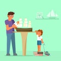 Father making model of sailboat and his son watching him. Vector illustration in flat style. Scale model building, model