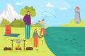 Father man with son character fishing, family hobby leisure vector illustration. Dad with male child, happy boy girl Royalty Free Stock Photo