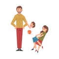 Father with Mischievous Brother and Sister, Happy Fighting Children, Bad Child Behavior Vector Illustration