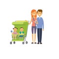 Father mother baby twins double green stroller full length avatar on white background, successful family concept, flat