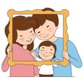 Father, mother and child hold a wooden photo frame. Royalty Free Stock Photo