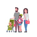 Father mother daughter baby son in stroller full length avatar on white background, successful family concept, flat