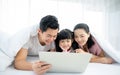 Father and mother with daughter relaxing and using laptop on bed