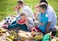 Father, mother, daughter and son enjoy eating watermelon at picnic in park in summer Royalty Free Stock Photo