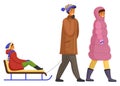 Father, mother and daughter on a winter walk. Man sledding child. Family members walking together