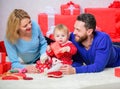 Father, mother and doughter child. Valentines day. Red boxes. Love and trust in family. Bearded man and woman with Royalty Free Stock Photo