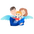 Father, mother and little boy. Parents hold their son in their arms, everyone has wings.
