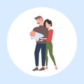 Father mother and newborn baby having fun together happy family parenthood concept man holding newborn child flat full