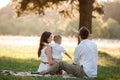 Father, mother and son blow soap bubbles in the park together on a sunny summer day. happy family having fun outdoor Royalty Free Stock Photo