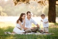 Father, mother and son in the park together on a sunny summer day. happy young family having fun outdoor Royalty Free Stock Photo