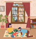 Father, mother, son playing twister at floor, spend time together, parents, kid playing at home Royalty Free Stock Photo