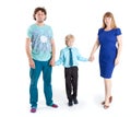 Father and mother with son a schooler looking at camera, isolated white background