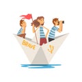 Father, Mother and Son in Striped T-Shirts Boating on River, Lake or Pond, Family Paper Boat Vector Illustration