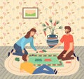 Father, mother, son teenager playing monopoly at floor, people spend time together, parents and kid Royalty Free Stock Photo